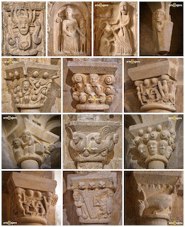 Grid of twelve carved Romanesque stone capitals with faces, figures and ornamental details