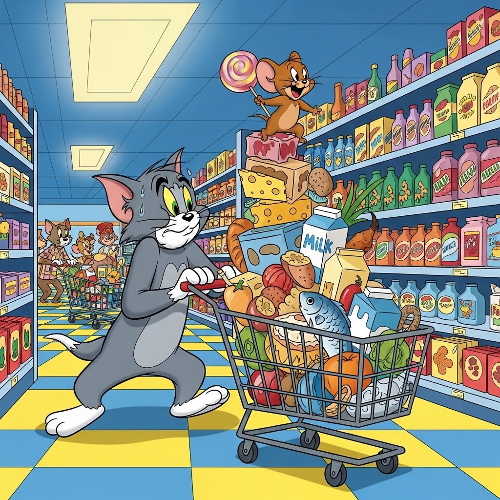 Tom pushes a loaded shopping cart in a grocery aisle while Jerry sits on groceries above him
