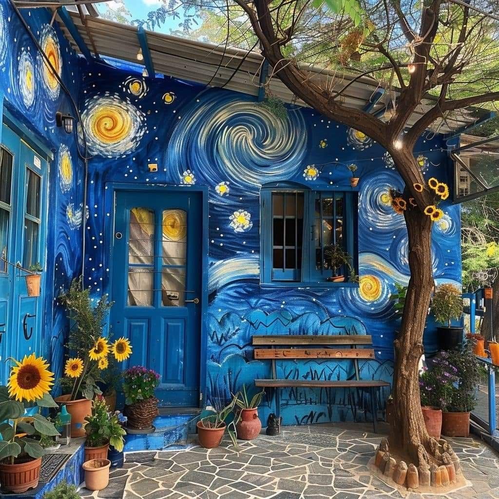 Blue courtyard with starry mural, potted sunflowers, tree, and wooden bench