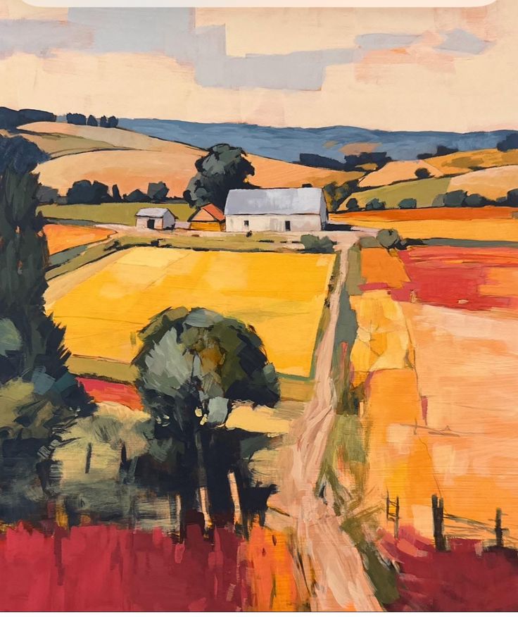 Colorful painting of farmlands with golden and red fields, a white farmhouse, trees, and a dirt path
