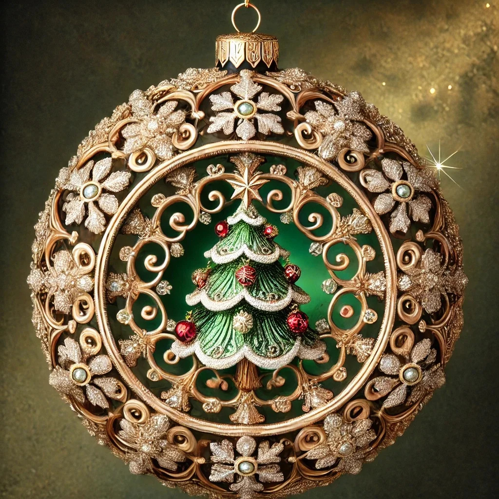 Ornate round Christmas ornament with a gold filigree border and a Christmas tree on green background