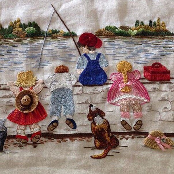 Children Fishing Embroidered Scene