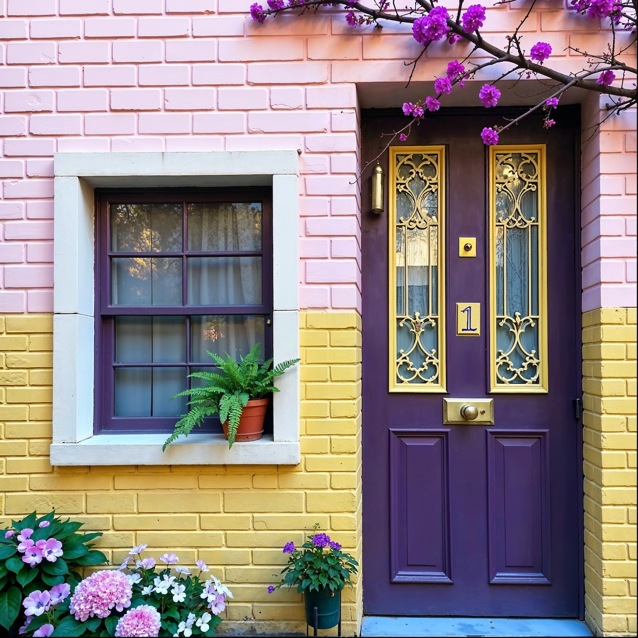 Pink and yellow brick house facade with a purple door, window, and flowers in pots