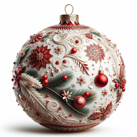 White Christmas ornament ball with red poinsettia flowers, pine branches, and intricate swirl decorations