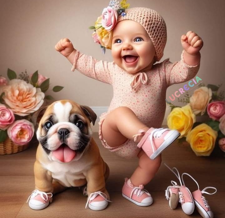 Happy baby in pink knit outfit and headband with bulldog puppy surrounded by pink and yellow roses