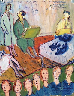 Colorful gouache painting showing figures in an art classroom with a row of students' faces at the bottom