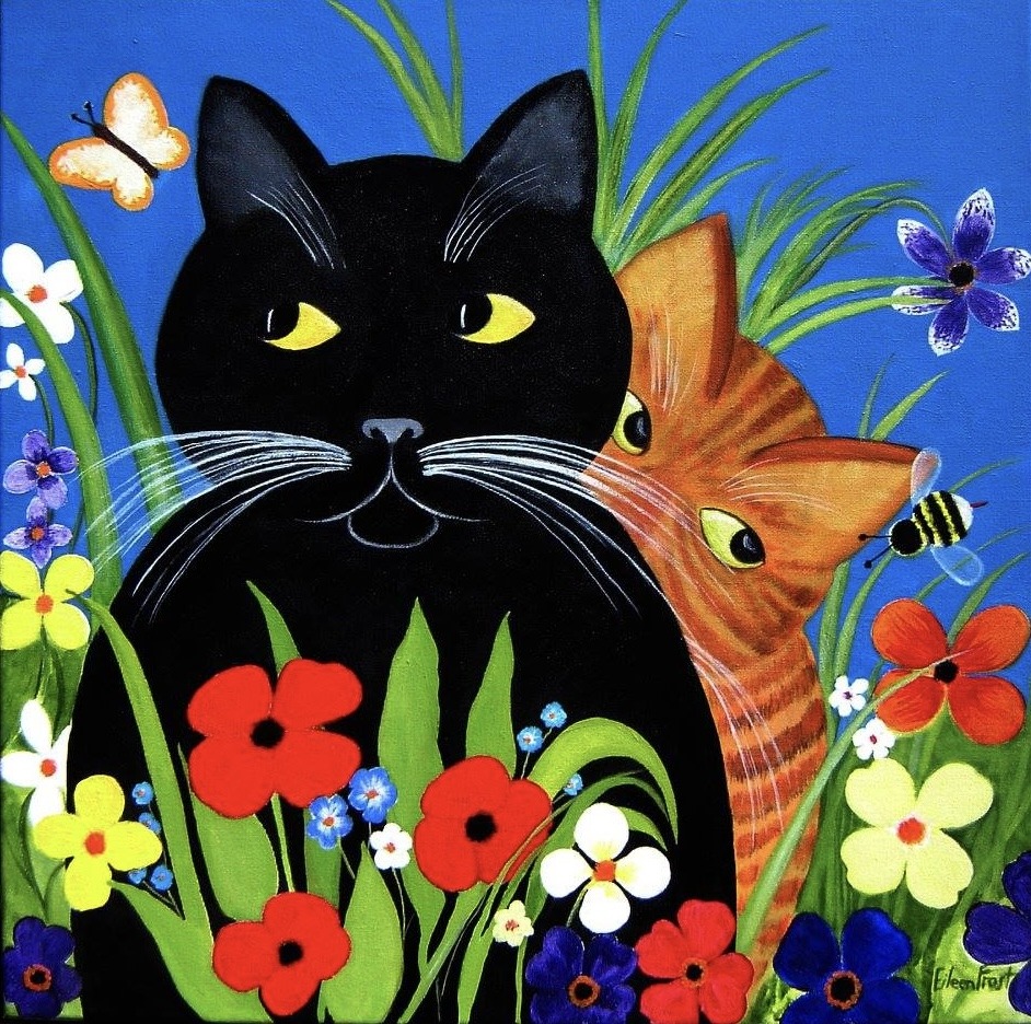 Black and orange cats among vibrant flowers and butterflies on blue background