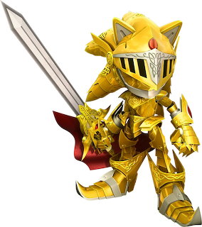 Golden armored fantasy knight character with sword and red cape on a white background.