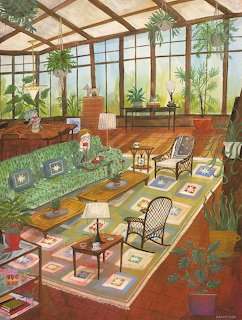 Illustration of a bright sunroom with green plants, wicker chairs, a floral sofa, and large glass windows