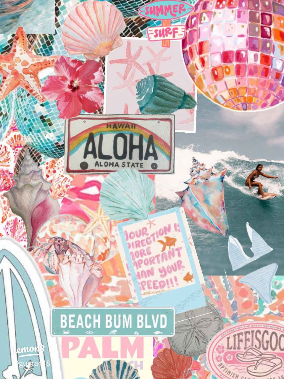 Colorful summer collage with flamingos, seashells, disco ball, surfing photos, and tropical beach themed items in pastel colors