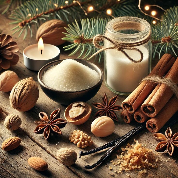 Festive holiday still life with nuts, spices, candles, and evergreen branches on wooden surface