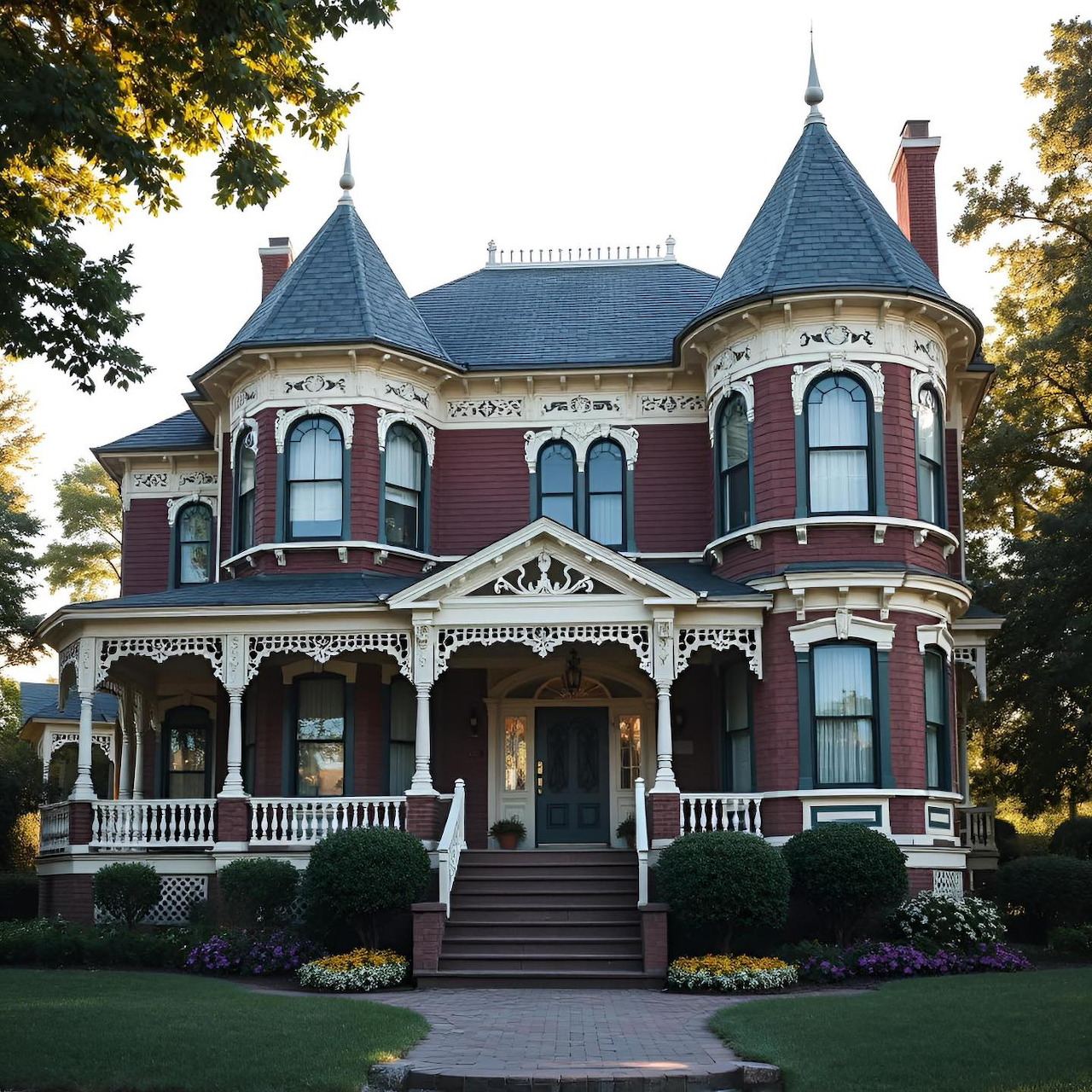 Red brick Victorian mansion with two turrets, white ornamental porch, and symmetrical facade
