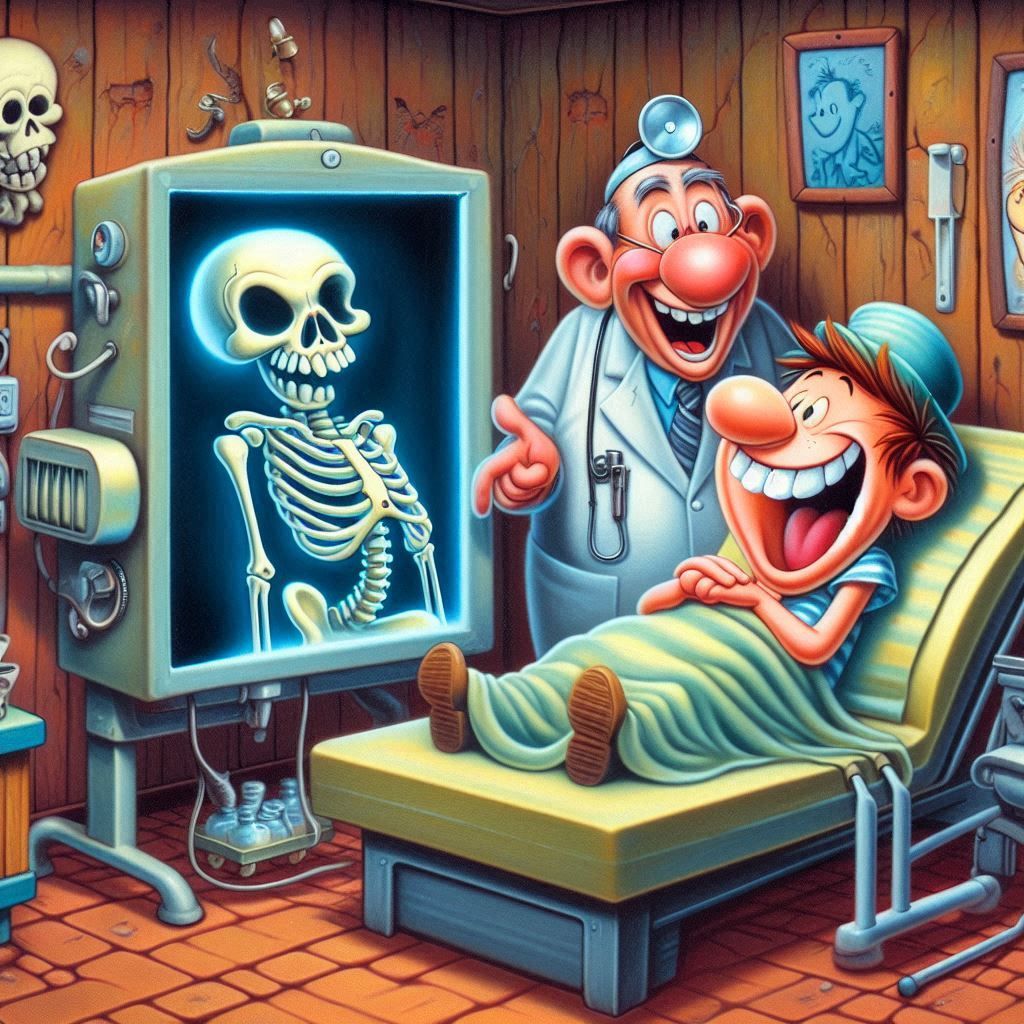 Cartoon doctor showing skeleton x-ray to happy patient in retro medical office
