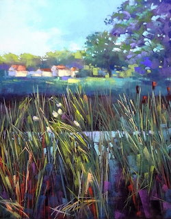 Pastel painting of reeds and cattails with village houses and trees in the background