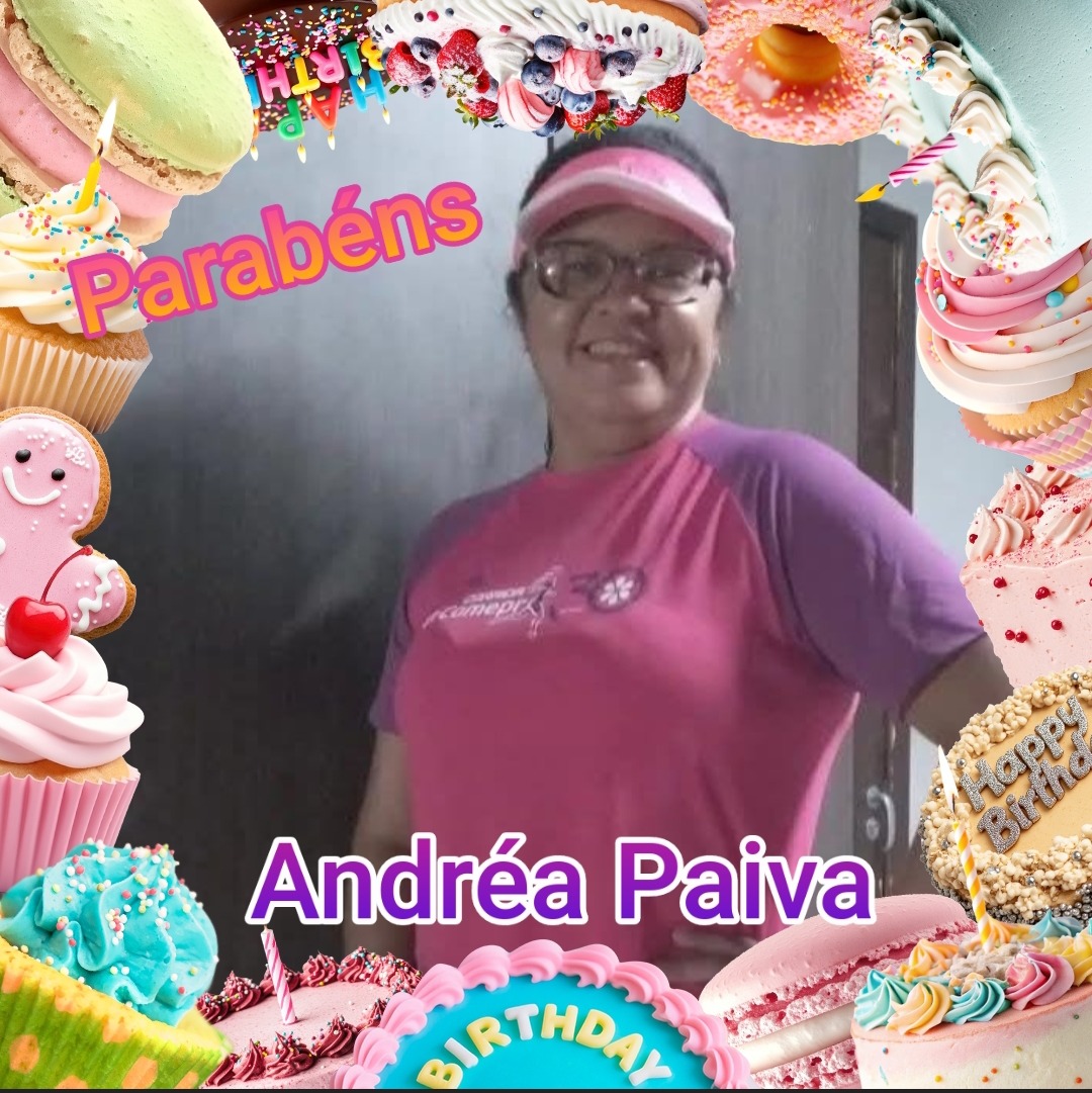 Smiling woman in pink indoors with a colorful birthday dessert border and the name Andréa Paiva