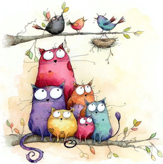 Watercolor illustration of six stylized cats in bright colors arranged in pyramid with birds on branch above