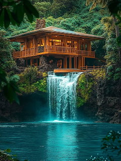 Wooden cabin perched above a waterfall cascading into a turquoise pool, surrounded by dense green forest