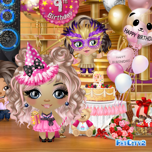 Animated birthday party with characters, cake, balloons and gifts