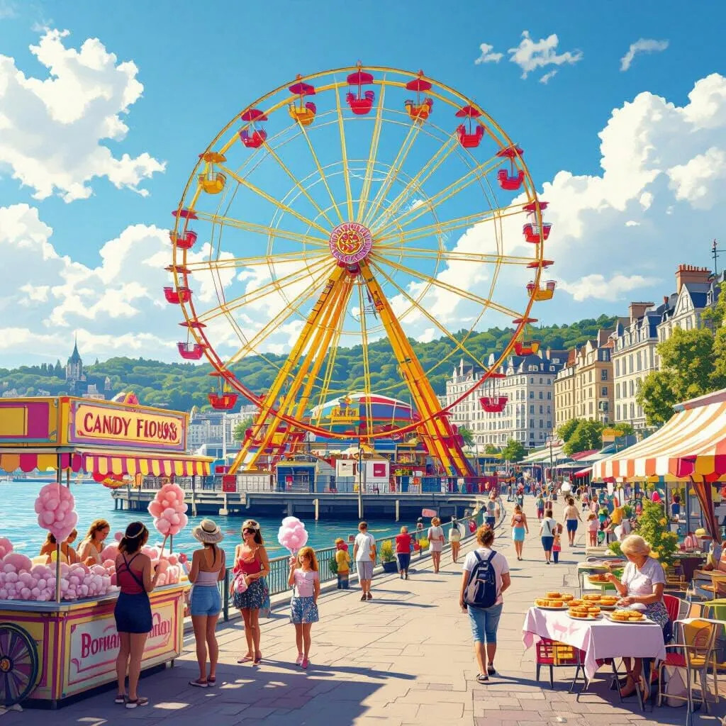 Colorful illustration of a seaside carnival boardwalk with a ferris wheel, candy stalls, and crowds