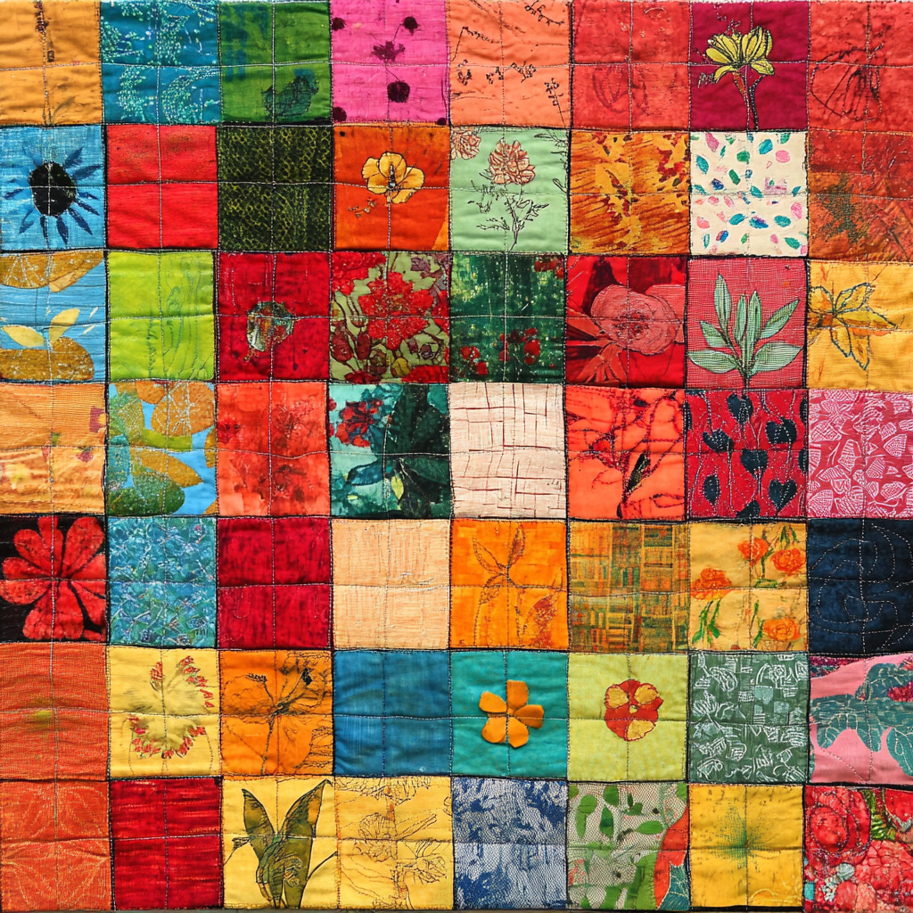 Colorful patchwork quilt with floral and leaf patterns in varied fabric squares