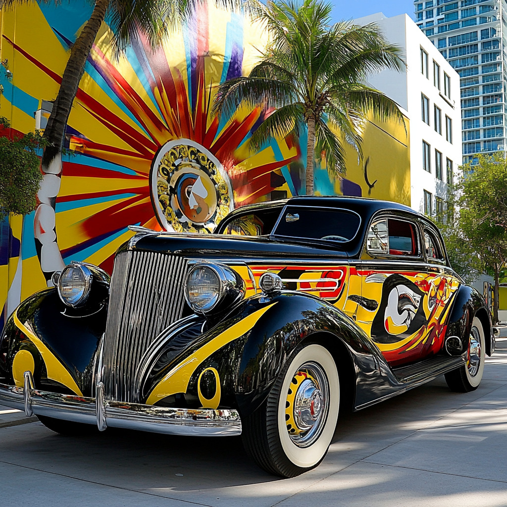Black vintage car with colorful artwork parked by a mural and palm trees in a city street