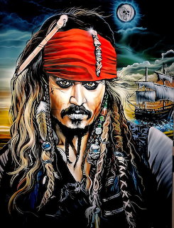 Painting of Captain Jack Sparrow with red bandana and dreadlocks, pirate ships and skull moon behind him