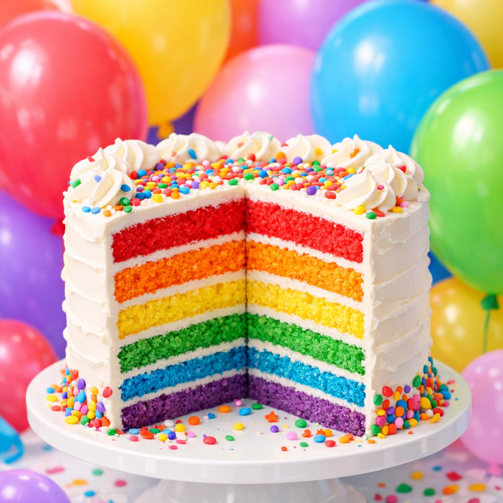 Rainbow layer cake with white frosting and colorful sprinkles on white cake stand, surrounded by colorful balloons