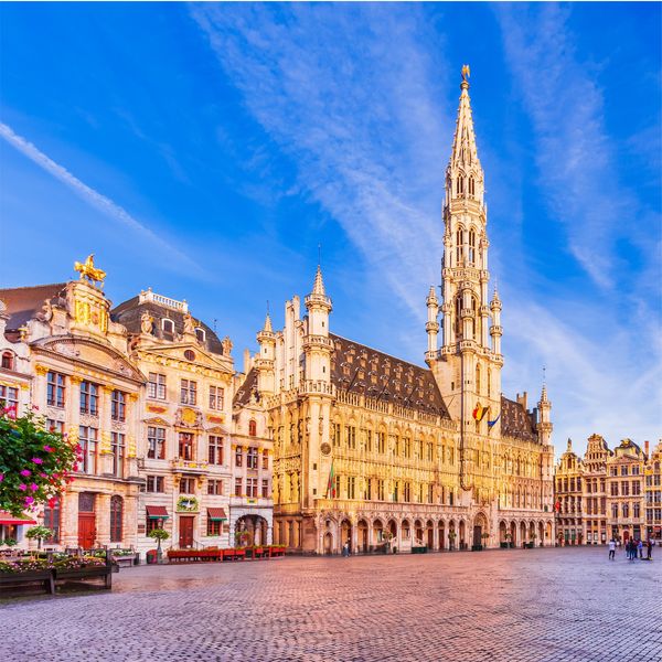 Brussels Town Hall and ornate historic buildings on a cobblestone square under a blue sky
