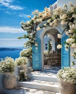 Santorini Blue Door with Flowers