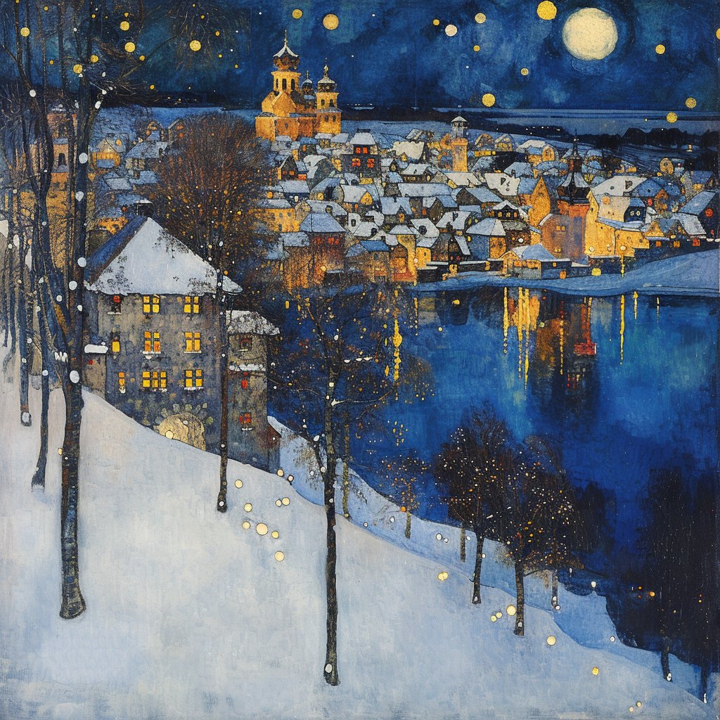Painted winter village at night with snow, glowing windows, river reflections, full moon and stars in deep blue sky