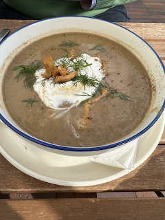 Bowl of creamy mushroom soup with sour cream and dill garnish on wooden table