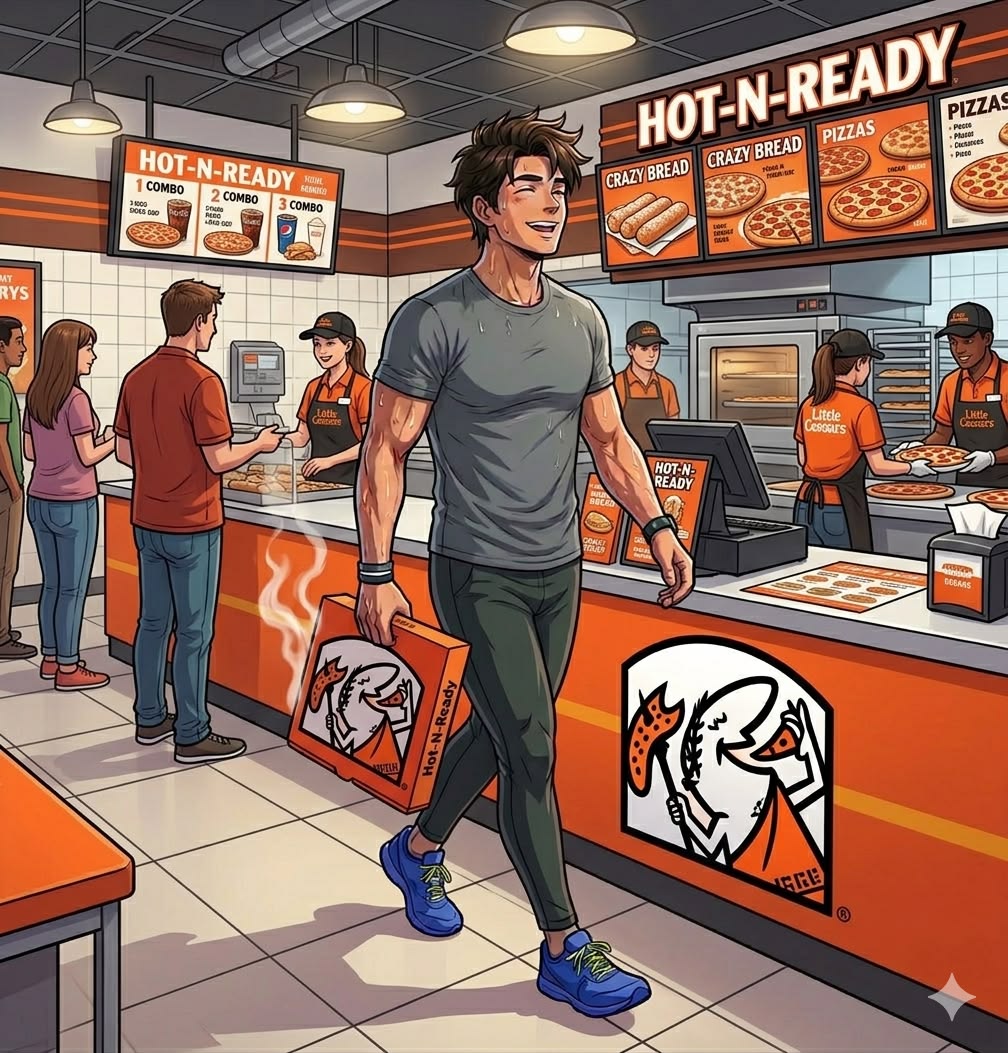 Cartoon man carrying pizza boxes in a busy pizza shop with customers and workers