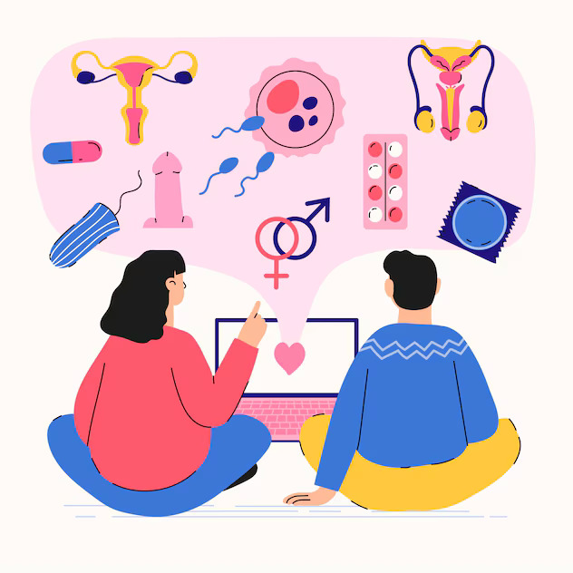 Illustration of two people looking at sex education symbols and reproductive health icons on a screen