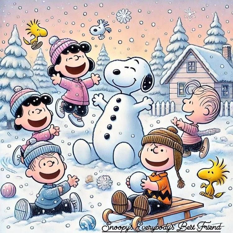 Snoopy and children playing in the snow around a snowman in a winter cartoon scene