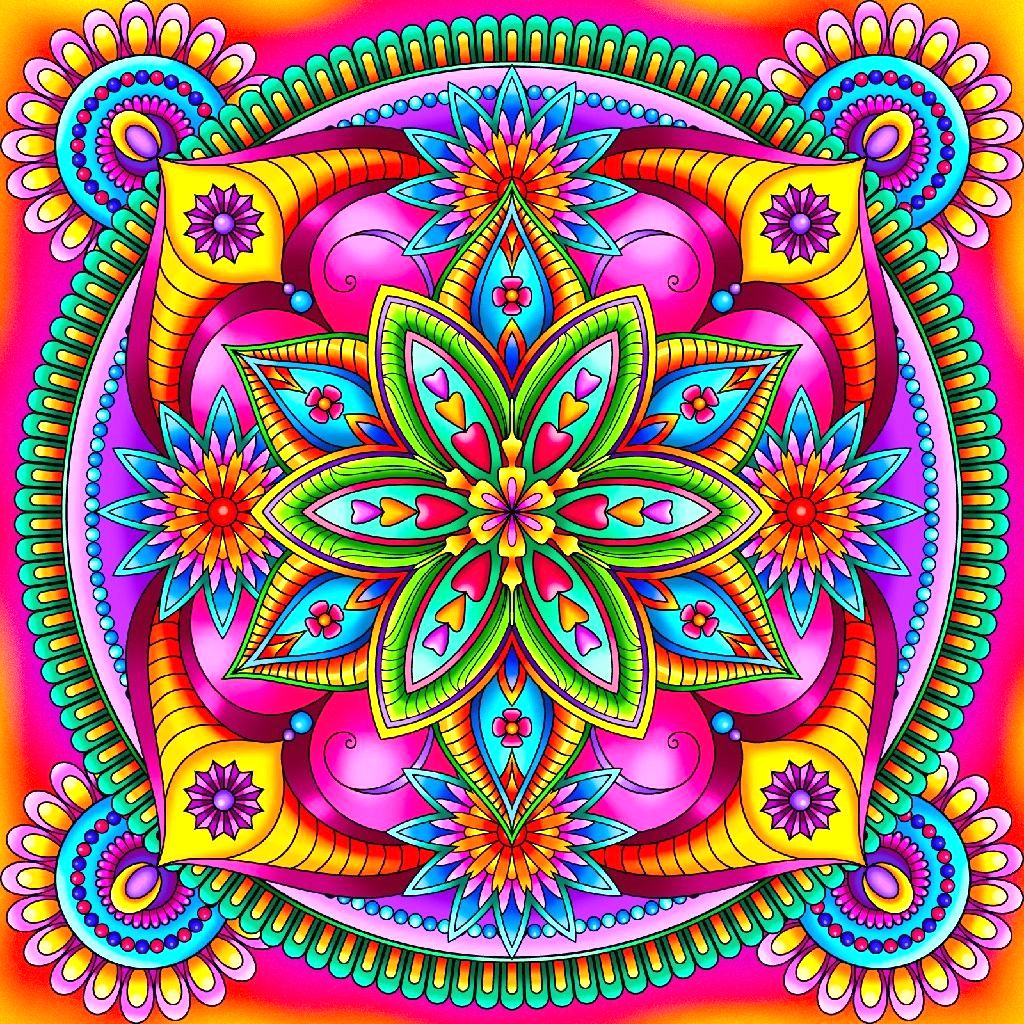 Colorful mandala with hearts, floral patterns, and geometric shapes in bright rainbow hues on pink and yellow background