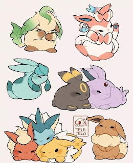 Eight cute bunny-styled Pokémon Eeveelutions arranged in rows on light background
