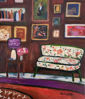 Colorful painting of living room interior with floral sofa, gallery wall, side table with lamp, and patterned rug