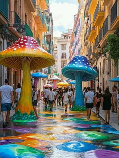 Giant colorful mushroom sculptures on a painted street in Alicante with people walking between buildings