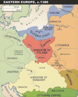 Historical map of Eastern Europe circa 1386 showing kingdoms and territories in different colors