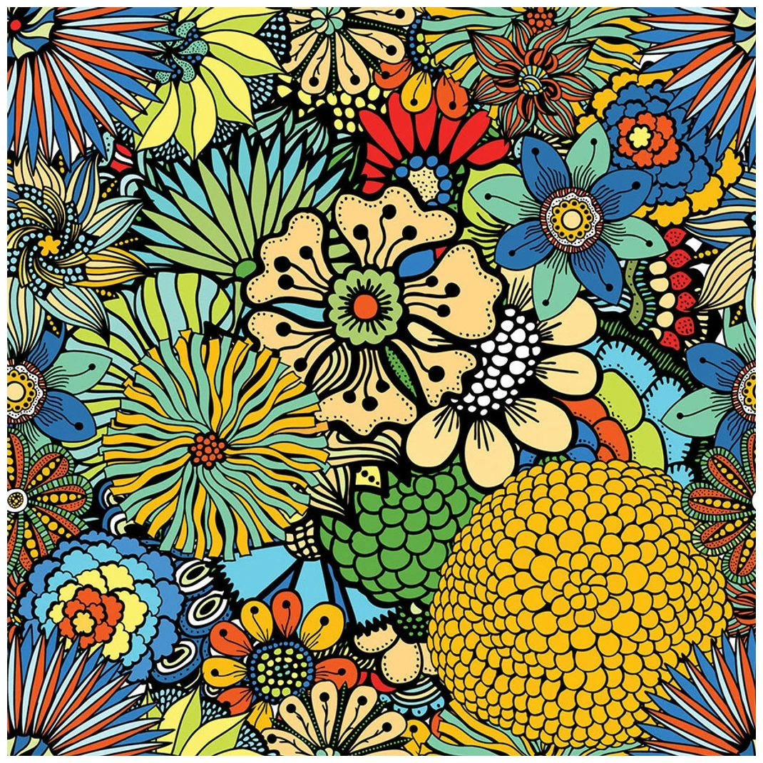 Colorful illustrated floral pattern with densely packed flowers and botanical elements in bold vibrant colors