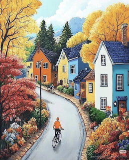 Painting of a person cycling through a colorful autumn village with houses and trees
