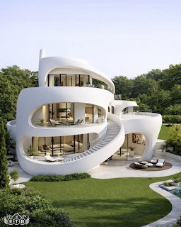 White futuristic house with curved flowing design and large windows on green lawn