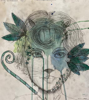 Surreal portrait with woman's face, leaves, spiral shapes and geometric line work in teal and gray tones