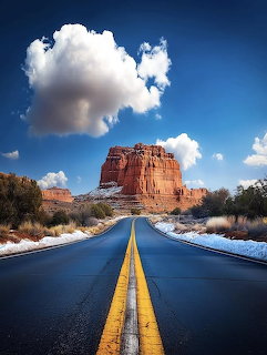 Straight desert highway leading toward a large red rock butte under blue sky with white clouds