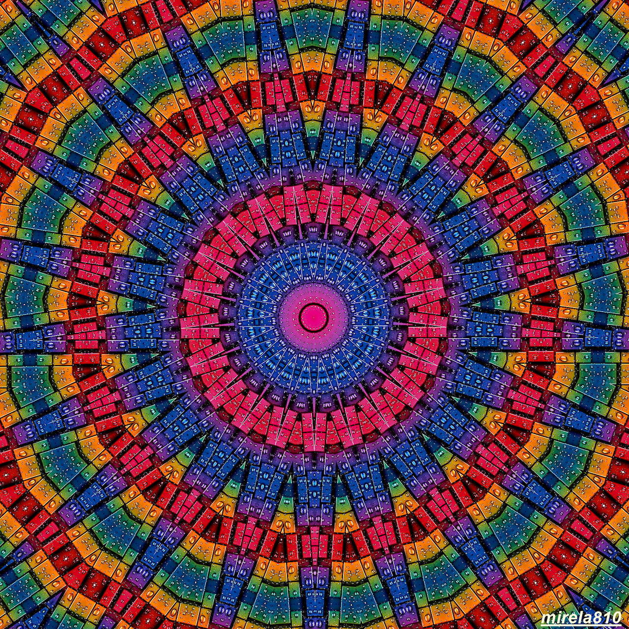 Colorful mandala with concentric rainbow circles and symmetrical geometric patterns radiating from pink center