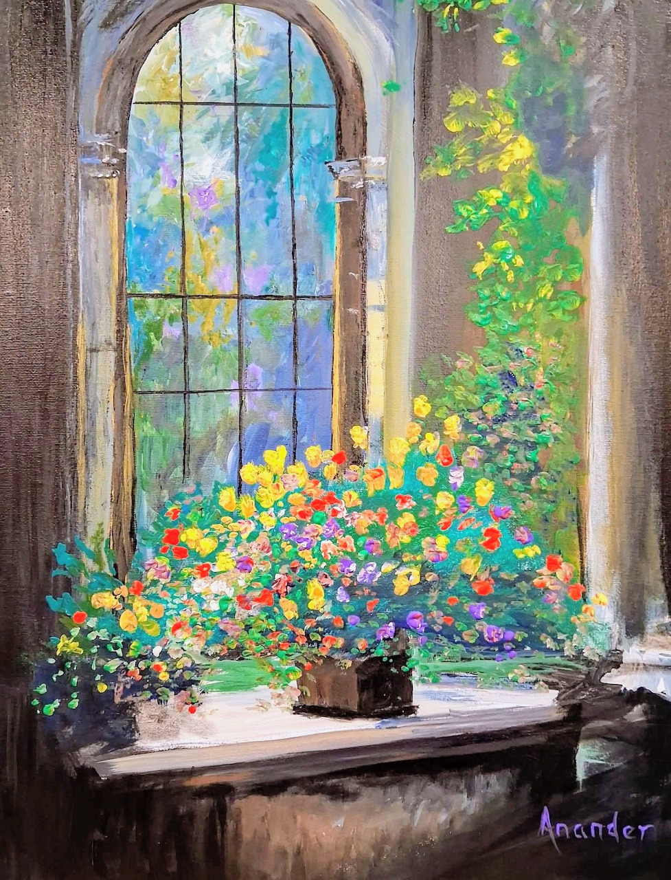 Painting of colorful spring flowers on a windowsill below a tall arched window