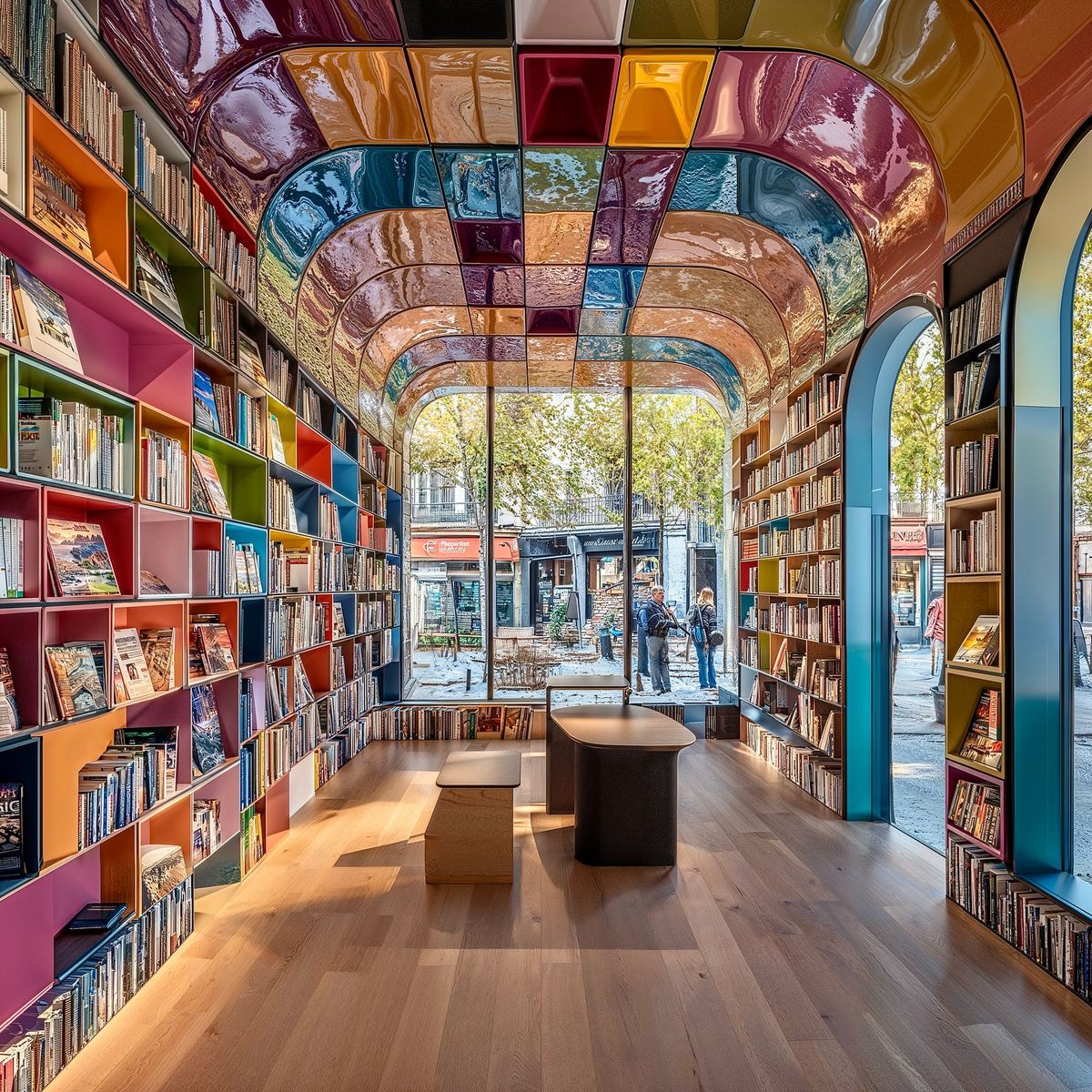 Symmetrical bookstore interior with rainbow bookshelves and mirrored ceiling creating kaleidoscope effect