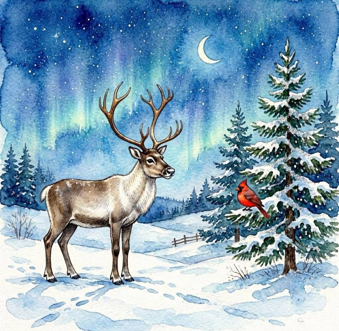 Illustrated reindeer in a snowy forest with aurora, crescent moon, and red cardinal