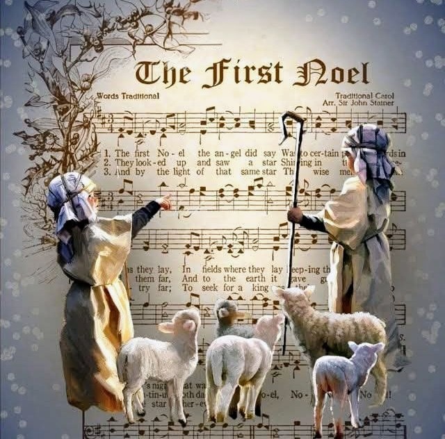 Two robed shepherds and several lambs stand before sheet music for The First Noel