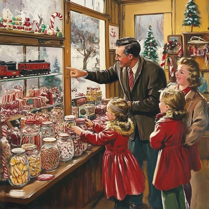 Vintage illustration of a family looking at a Christmas shop window with candy jars and festive displays